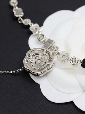 CHANEL Hollow Camellia Full Diamond Necklace, 18K White Gold
